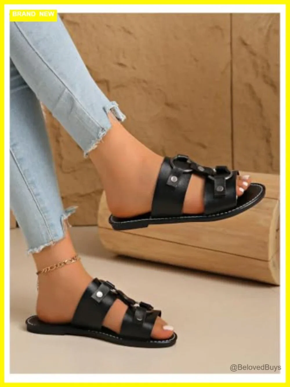 Faux Leather Ring Buckle Flat Sandals Open Toe Wide Strap Slide